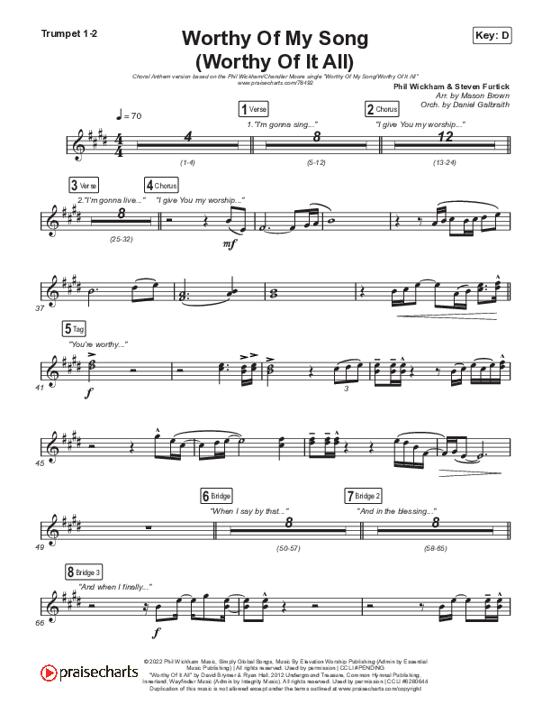 Worthy Of My Song (Worthy Of It All) (Choral Anthem SATB) Trumpet 1,2 (Phil Wickham / Chandler Moore / Arr. Mason Brown)
