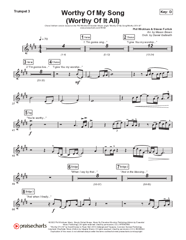 Worthy Of My Song (Worthy Of It All) (Choral Anthem SATB) Trumpet 3 (Phil Wickham / Chandler Moore / Arr. Mason Brown)