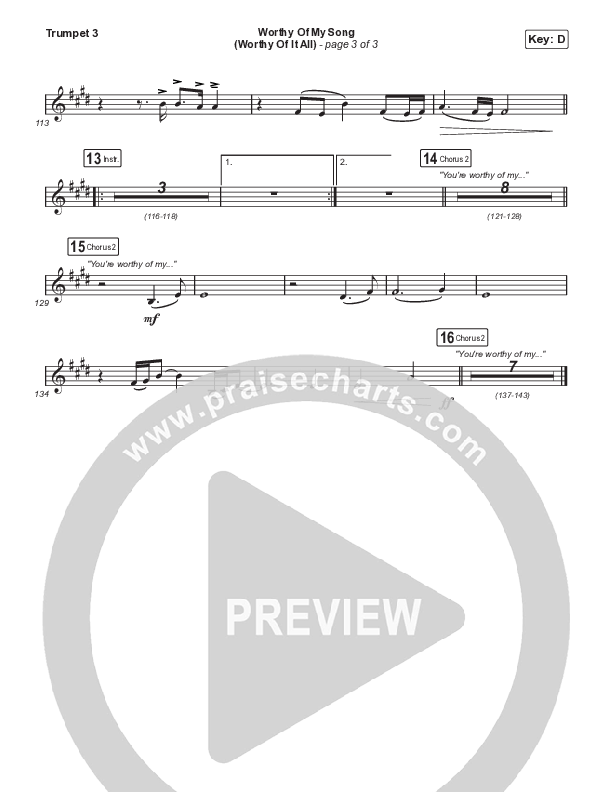 Worthy Of My Song (Worthy Of It All) (Choral Anthem SATB) Trumpet 3 (Phil Wickham / Chandler Moore / Arr. Mason Brown)