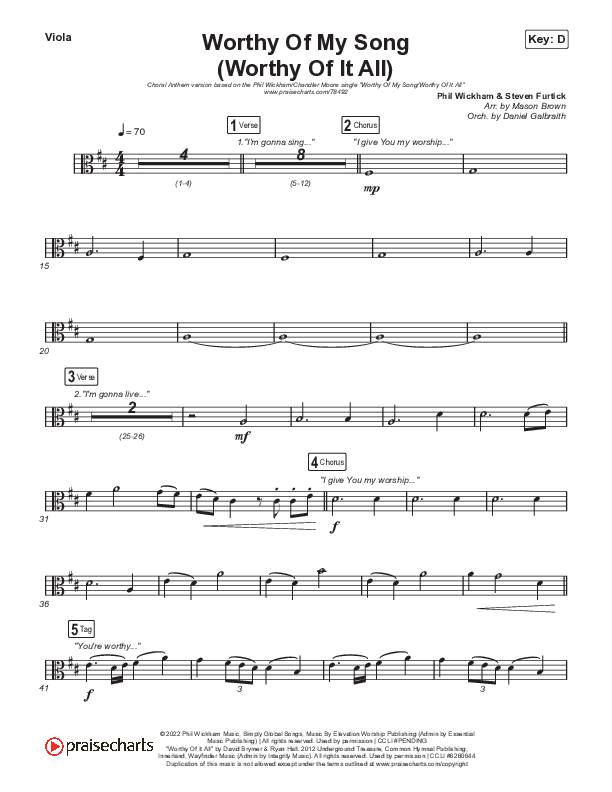 Worthy Of My Song (Worthy Of It All) (Choral Anthem SATB) Viola (Phil Wickham / Chandler Moore / Arr. Mason Brown)