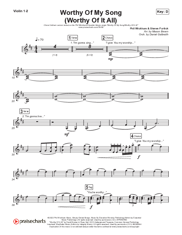 Worthy Of My Song (Worthy Of It All) (Choral Anthem SATB) Violin 1,2 (Phil Wickham / Chandler Moore / Arr. Mason Brown)