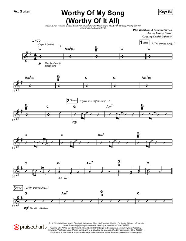 Worthy Of My Song (Worthy Of It All) (Unison/2-Part Choir) Acoustic Guitar (Phil Wickham / Chandler Moore / Arr. Mason Brown)