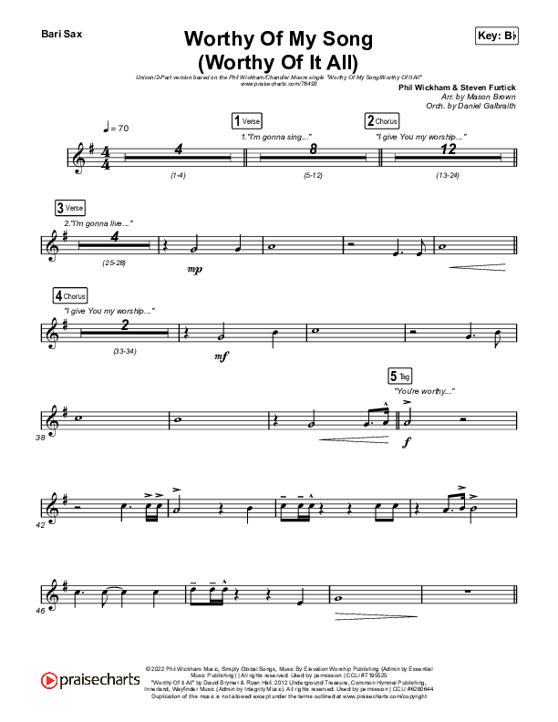 Worthy Of My Song (Worthy Of It All) (Unison/2-Part Choir) Bari Sax (Phil Wickham / Chandler Moore / Arr. Mason Brown)