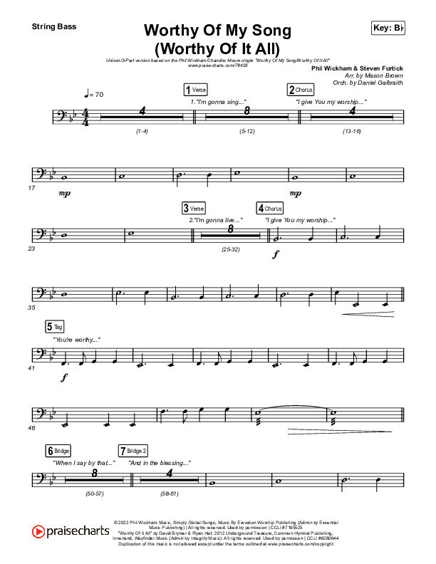 Worthy Of My Song (Worthy Of It All) (Unison/2-Part Choir) Double Bass (Phil Wickham / Chandler Moore / Arr. Mason Brown)