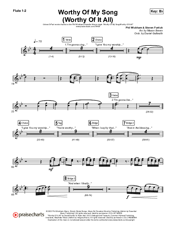 Worthy Of My Song (Worthy Of It All) (Unison/2-Part Choir) Flute 1/2 (Phil Wickham / Chandler Moore / Arr. Mason Brown)