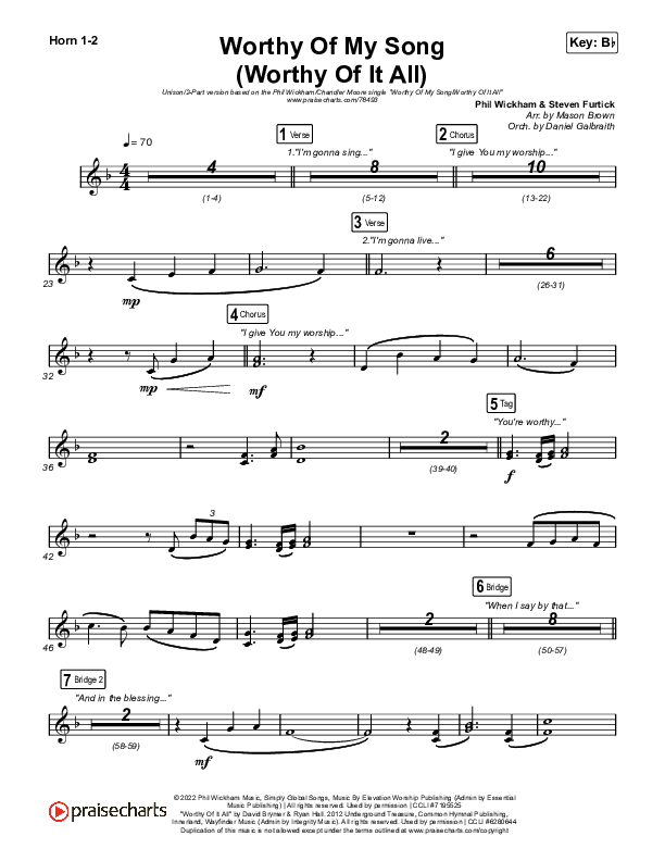 Worthy Of My Song (Worthy Of It All) (Unison/2-Part Choir) French Horn 1/2 (Phil Wickham / Chandler Moore / Arr. Mason Brown)