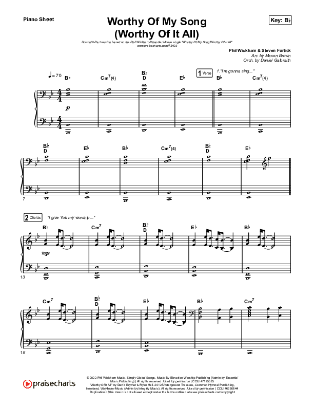 Worthy Of My Song (Worthy Of It All) (Unison/2-Part Choir) Piano Sheet (Phil Wickham / Chandler Moore / Arr. Mason Brown)