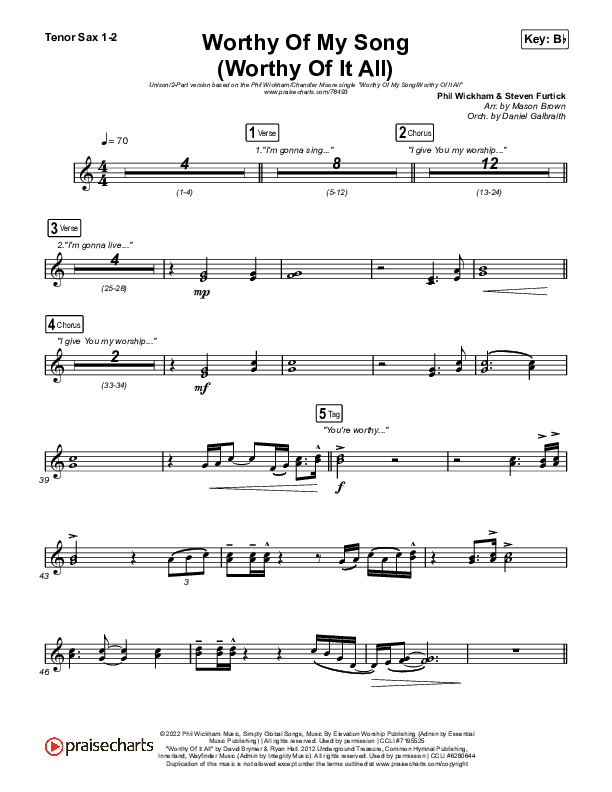 Worthy Of My Song (Worthy Of It All) (Unison/2-Part Choir) Tenor Sax 1/2 (Phil Wickham / Chandler Moore / Arr. Mason Brown)