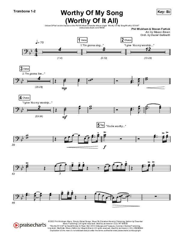 Worthy Of My Song (Worthy Of It All) (Unison/2-Part Choir) Trombone 1/2 (Phil Wickham / Chandler Moore / Arr. Mason Brown)