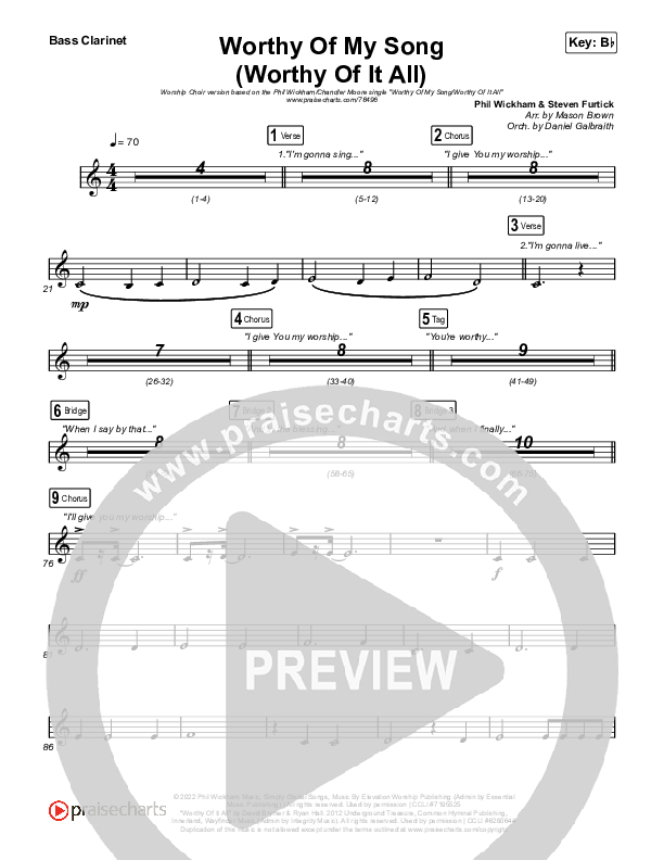 Worthy Of My Song (Worthy Of It All) (Worship Choir SAB) Bass Clarinet (Phil Wickham / Chandler Moore / Arr. Mason Brown)