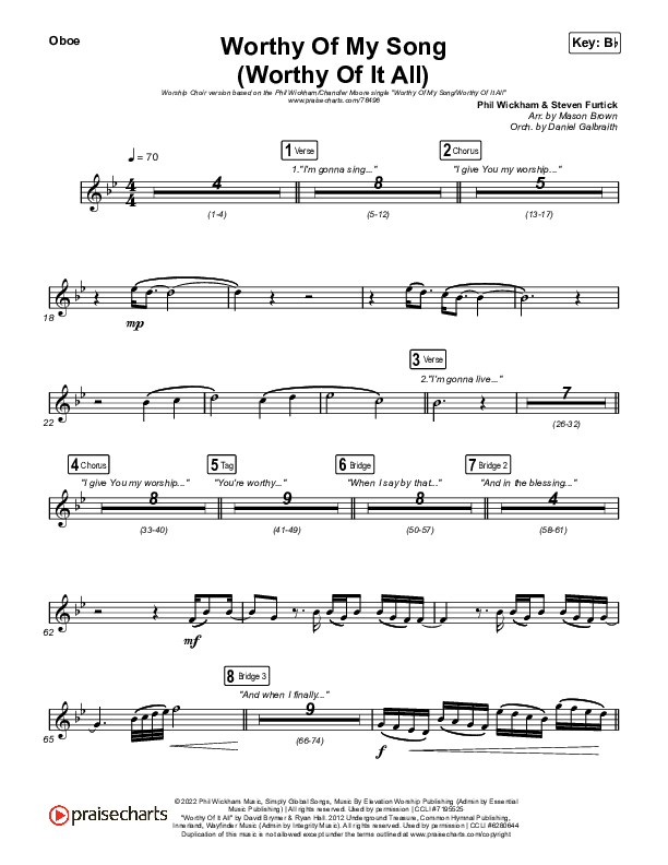 Worthy Of My Song (Worthy Of It All) (Worship Choir SAB) Oboe (Phil Wickham / Chandler Moore / Arr. Mason Brown)