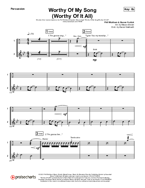 Worthy Of My Song (Worthy Of It All) (Worship Choir SAB) Percussion (Phil Wickham / Chandler Moore / Arr. Mason Brown)