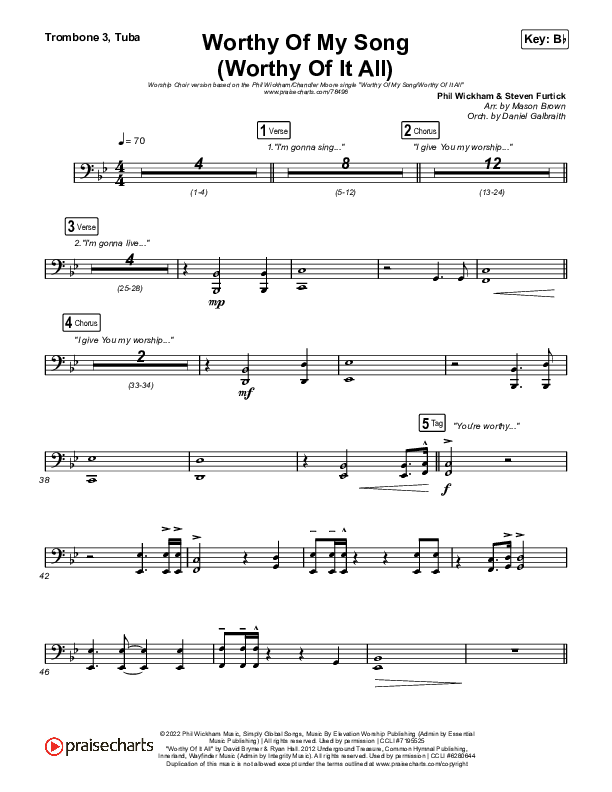 Worthy Of My Song (Worthy Of It All) (Worship Choir SAB) Trombone 3/Tuba (Phil Wickham / Chandler Moore / Arr. Mason Brown)