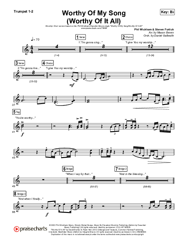 Worthy Of My Song (Worthy Of It All) (Worship Choir SAB) Trumpet 1,2 (Phil Wickham / Chandler Moore / Arr. Mason Brown)