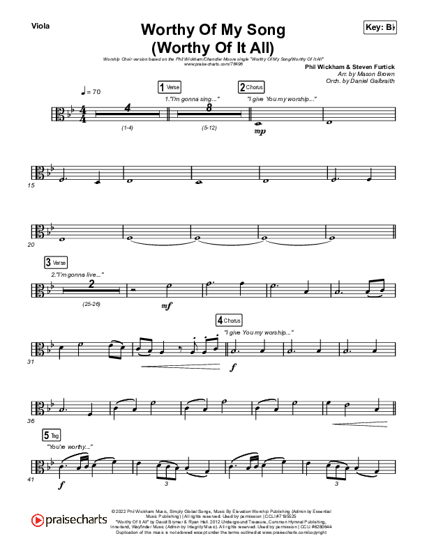 Worthy Of My Song (Worthy Of It All) (Worship Choir SAB) Viola (Phil Wickham / Chandler Moore / Arr. Mason Brown)
