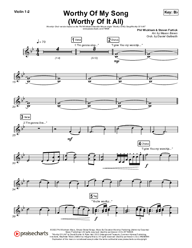 Worthy Of My Song (Worthy Of It All) (Worship Choir SAB) Violin 1/2 (Phil Wickham / Chandler Moore / Arr. Mason Brown)