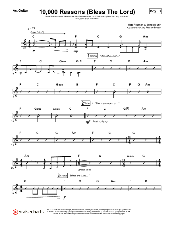 10,000 Reasons (Bless The Lord) (Choral Anthem SATB) Acoustic Guitar (Matt Redman / Bryan & Katie Torwalt / Pat Barrett / Naomi Raine / Crowder / Worship Together / Arr. Mason Brown)