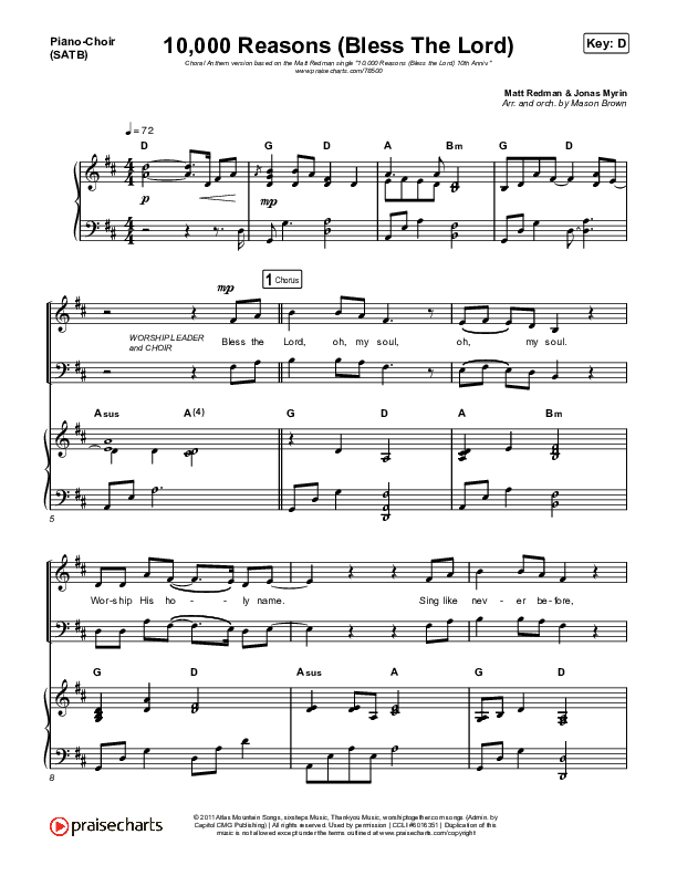 10,000 Reasons (Bless The Lord) (Choral Anthem SATB) Piano/Vocal (SATB) (Matt Redman / Bryan & Katie Torwalt / Pat Barrett / Naomi Raine / Crowder / Worship Together / Arr. Mason Brown)
