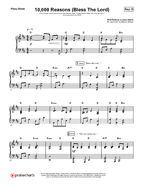 10,000 Reasons (Bless The Lord) (Choral Anthem SATB) Piano Sheet (Matt Redman / Bryan & Katie Torwalt / Pat Barrett / Naomi Raine / Crowder / Worship Together / Arr. Mason Brown)