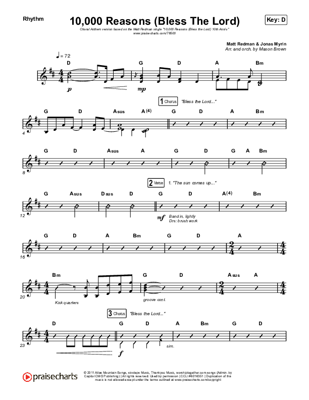 10,000 Reasons (Bless The Lord) (Choral Anthem SATB) Rhythm Chart (Matt Redman / Bryan & Katie Torwalt / Pat Barrett / Naomi Raine / Crowder / Worship Together / Arr. Mason Brown)