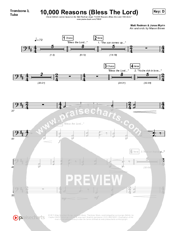10,000 Reasons (Bless The Lord) (Choral Anthem SATB) Trombone 3/Tuba (Matt Redman / Bryan & Katie Torwalt / Pat Barrett / Naomi Raine / Crowder / Worship Together / Arr. Mason Brown)
