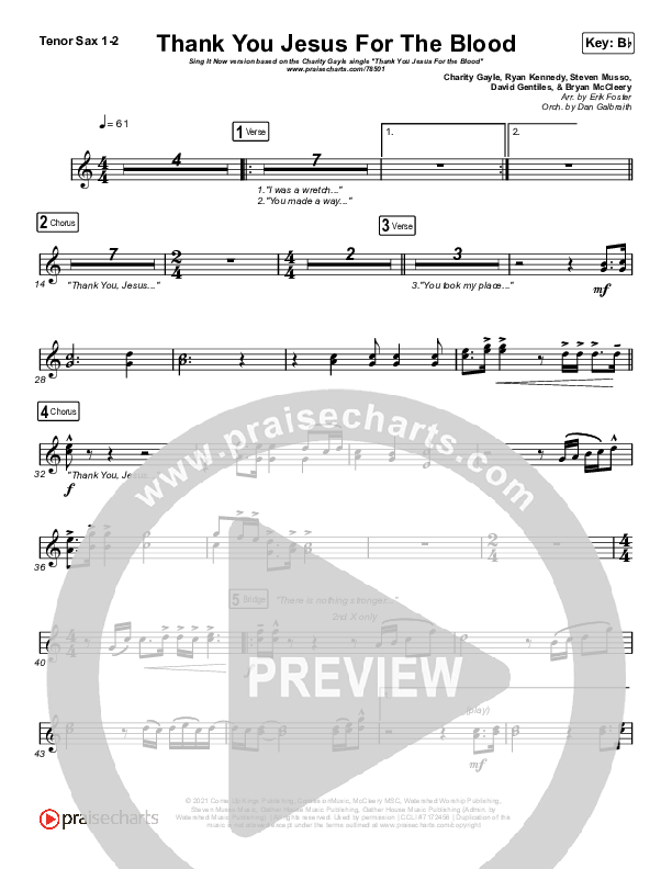 Thank You Jesus For The Blood (Sing It Now SATB) Tenor Sax 1/2 (Charity Gayle / Arr. Erik Foster)