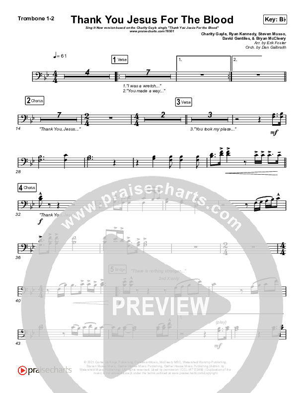 Thank You Jesus For The Blood (Sing It Now SATB) Trombone 1/2 (Charity Gayle / Arr. Erik Foster)