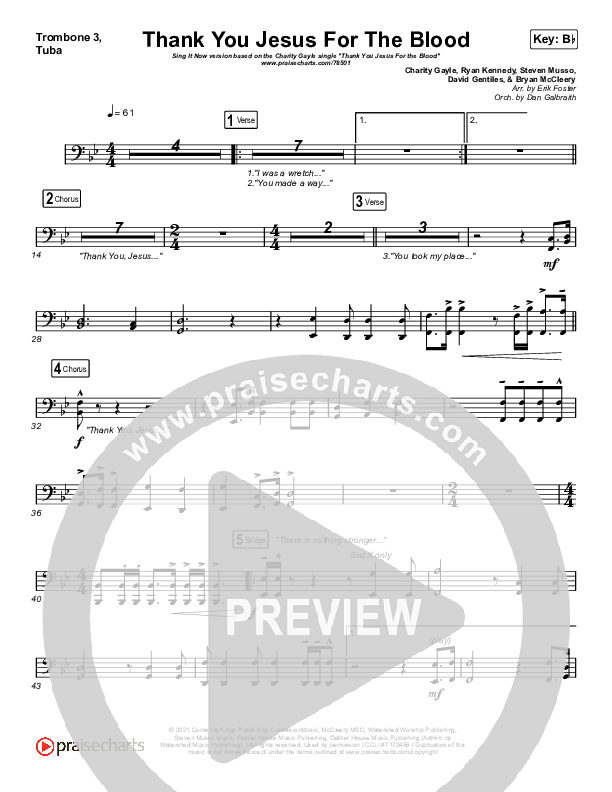 Thank You Jesus For The Blood (Sing It Now SATB) Trombone 3/Tuba (Charity Gayle / Arr. Erik Foster)