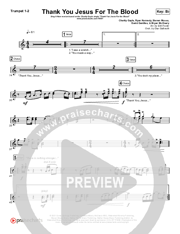 Thank You Jesus For The Blood (Sing It Now SATB) Trumpet 1,2 (Charity Gayle / Arr. Erik Foster)
