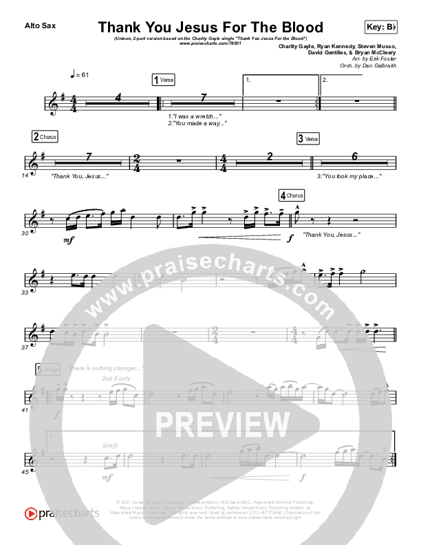 Thank You Jesus For The Blood (Unison/2-Part Choir) Alto Sax (Charity Gayle / Arr. Erik Foster)