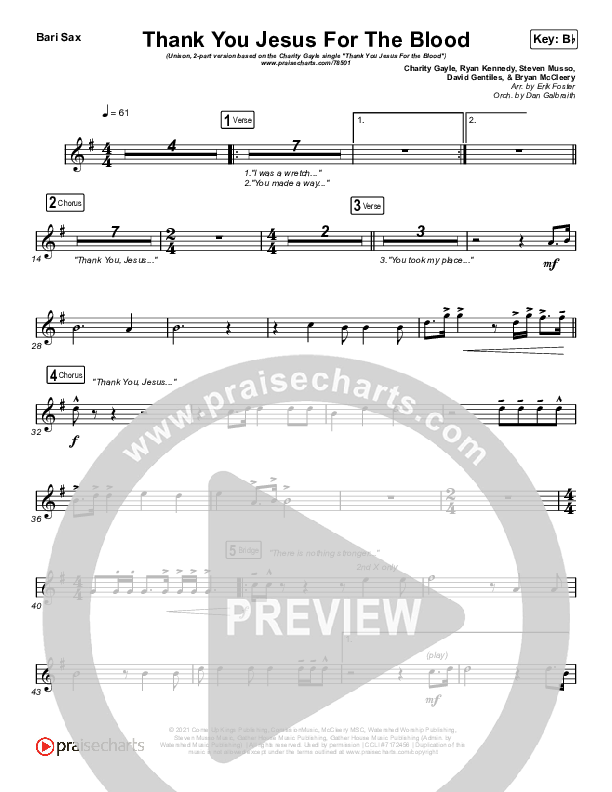 Thank You Jesus For The Blood (Unison/2-Part Choir) Bari Sax (Charity Gayle / Arr. Erik Foster)