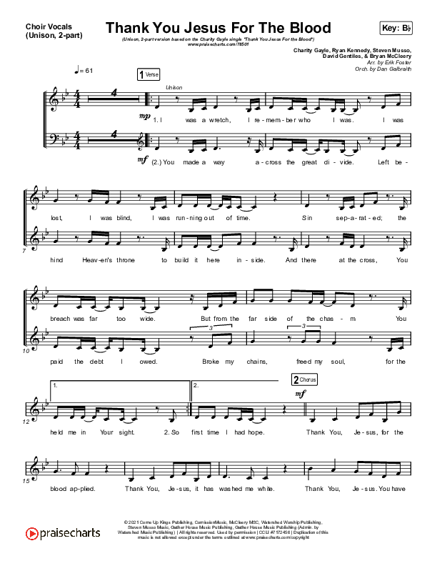 Thank You Jesus For The Blood (Unison/2-Part Choir) Choir Vocals (Uni/2-Part) (Charity Gayle / Arr. Erik Foster)