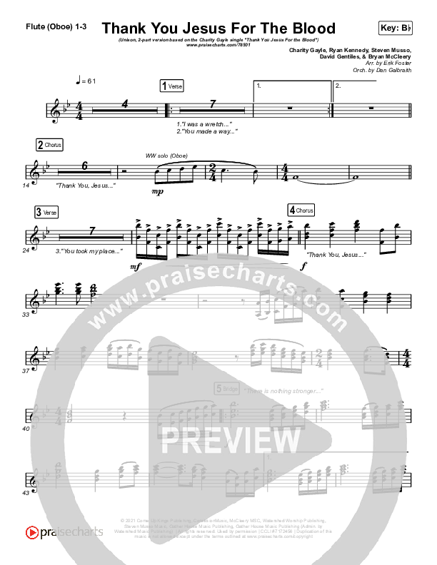 Thank You Jesus For The Blood (Unison/2-Part Choir) Flute/Oboe 1/2/3 (Charity Gayle / Arr. Erik Foster)