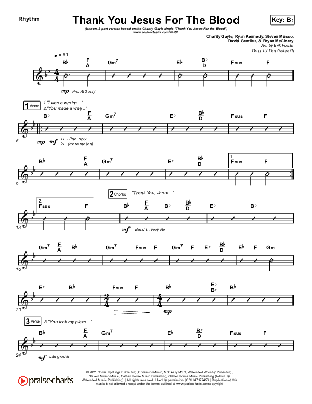Thank You Jesus For The Blood (Unison/2-Part Choir) Rhythm Chart (Charity Gayle / Arr. Erik Foster)