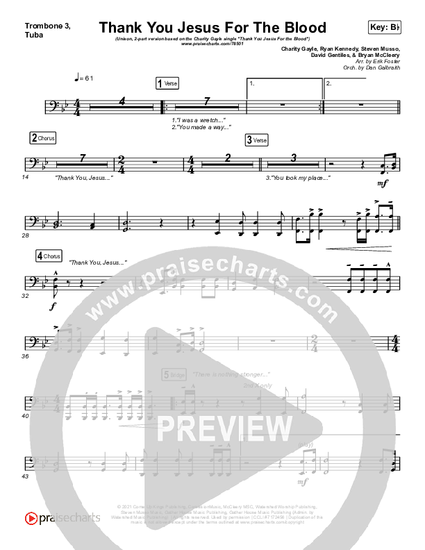 Thank You Jesus For The Blood (Unison/2-Part Choir) Trombone 3/Tuba (Charity Gayle / Arr. Erik Foster)