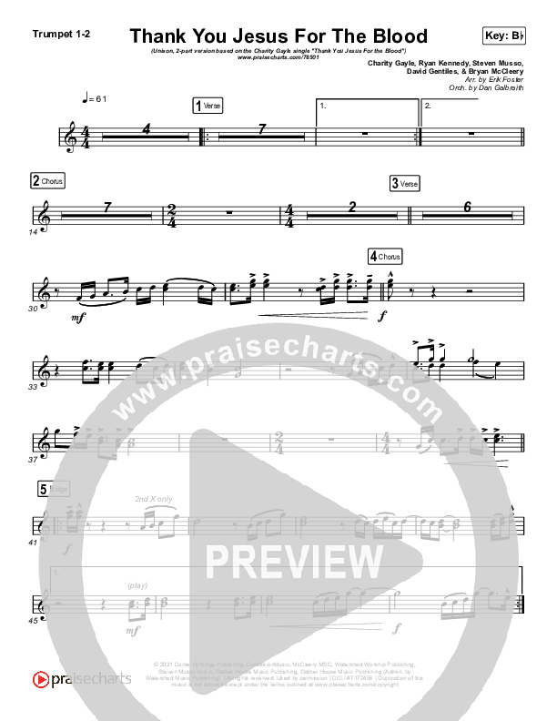 Thank You Jesus For The Blood (Unison/2-Part Choir) Brass Pack (Charity Gayle / Arr. Erik Foster)