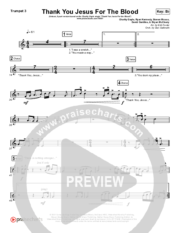 Thank You Jesus For The Blood (Unison/2-Part Choir) Trumpet 3 (Charity Gayle / Arr. Erik Foster)