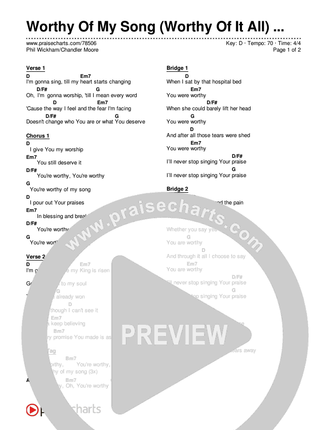 Worthy Of My Song (Worthy Of It All) (Simplified) Chord Chart (Phil Wickham / Chandler Moore)