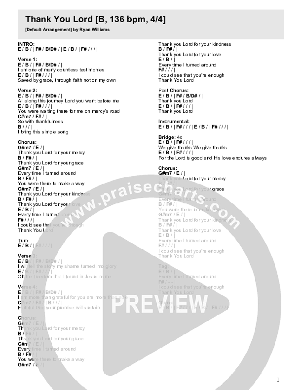 Thank You Lord Chord Chart (River Valley Worship)