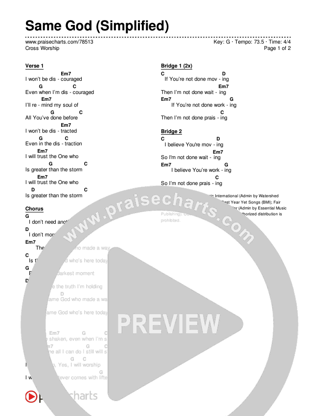 Same God (Simplified) Chord Chart (Cross Worship)