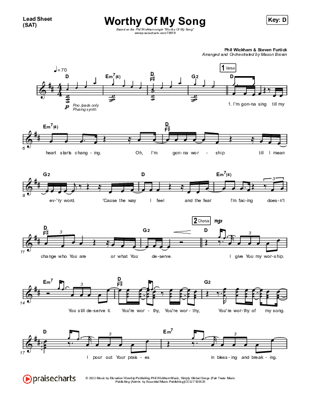Worthy Of My Song Lead Sheet (SAT) (Phil Wickham)