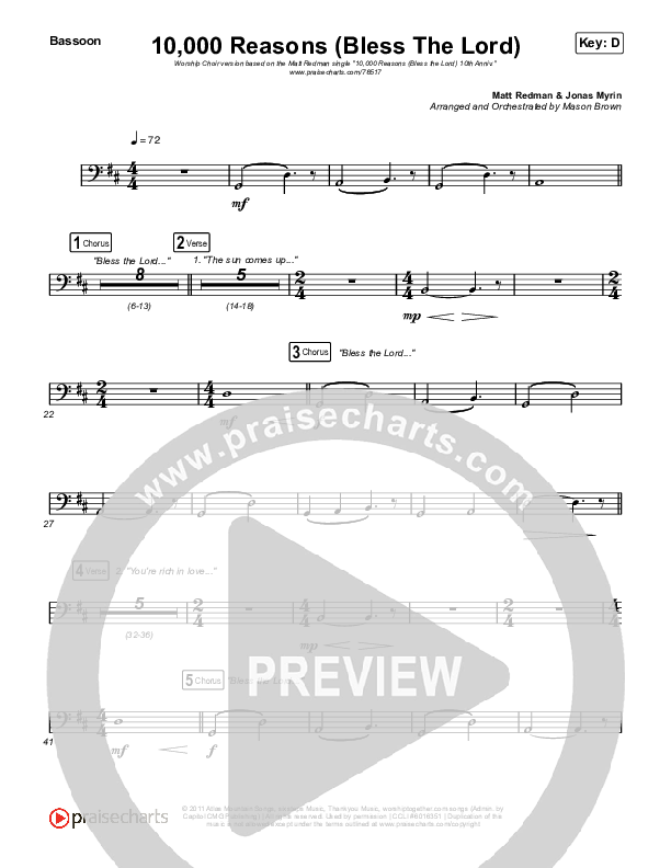 10,000 Reasons (Bless The Lord) (Worship Choir SAB) Bassoon (Matt Redman / Crowder / Tauren Wells / Naomi Raine / Worship Together / Arr. Mason Brown)