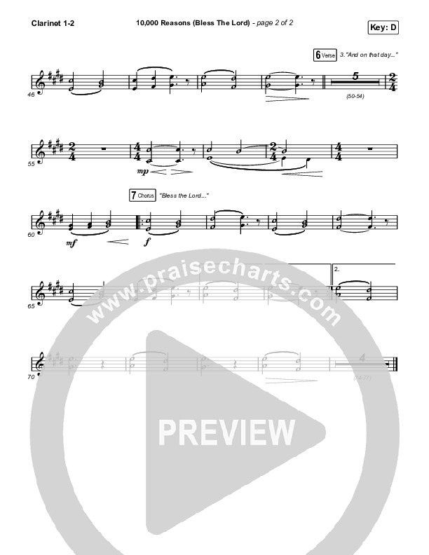 10,000 Reasons (Bless The Lord) (Worship Choir SAB) Clarinet 1/2 (Matt Redman / Crowder / Tauren Wells / Naomi Raine / Worship Together / Arr. Mason Brown)