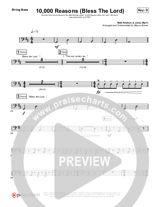 10,000 Reasons (Bless The Lord) (Worship Choir SAB) Double Bass (Matt Redman / Crowder / Tauren Wells / Naomi Raine / Worship Together / Arr. Mason Brown)