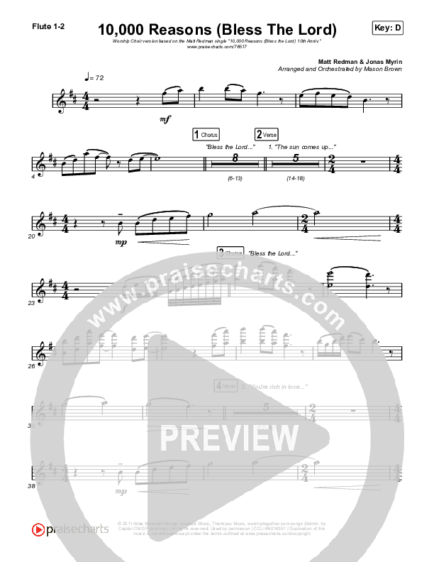 10,000 Reasons (Bless The Lord) (Worship Choir SAB) Flute 1/2 (Matt Redman / Crowder / Tauren Wells / Naomi Raine / Worship Together / Arr. Mason Brown)