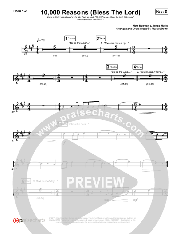 10,000 Reasons (Bless The Lord) (Worship Choir SAB) French Horn 1/2 (Matt Redman / Crowder / Tauren Wells / Naomi Raine / Worship Together / Arr. Mason Brown)