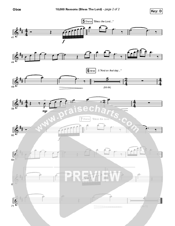 10,000 Reasons (Bless The Lord) (Worship Choir SAB) Oboe (Matt Redman / Crowder / Tauren Wells / Naomi Raine / Worship Together / Arr. Mason Brown)