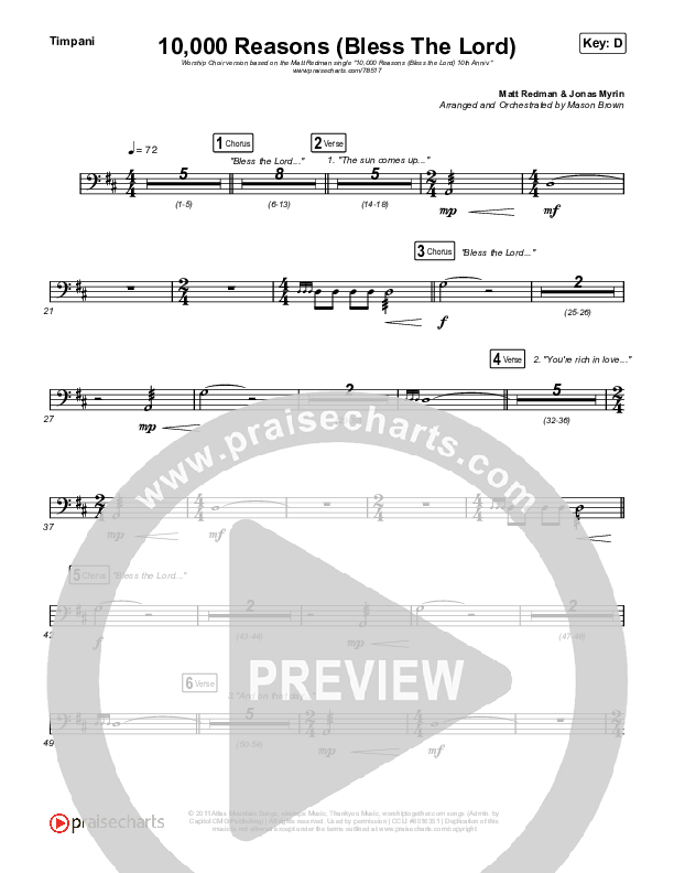 10,000 Reasons (Bless The Lord) (Worship Choir SAB) Timpani (Matt Redman / Crowder / Tauren Wells / Naomi Raine / Worship Together / Arr. Mason Brown)