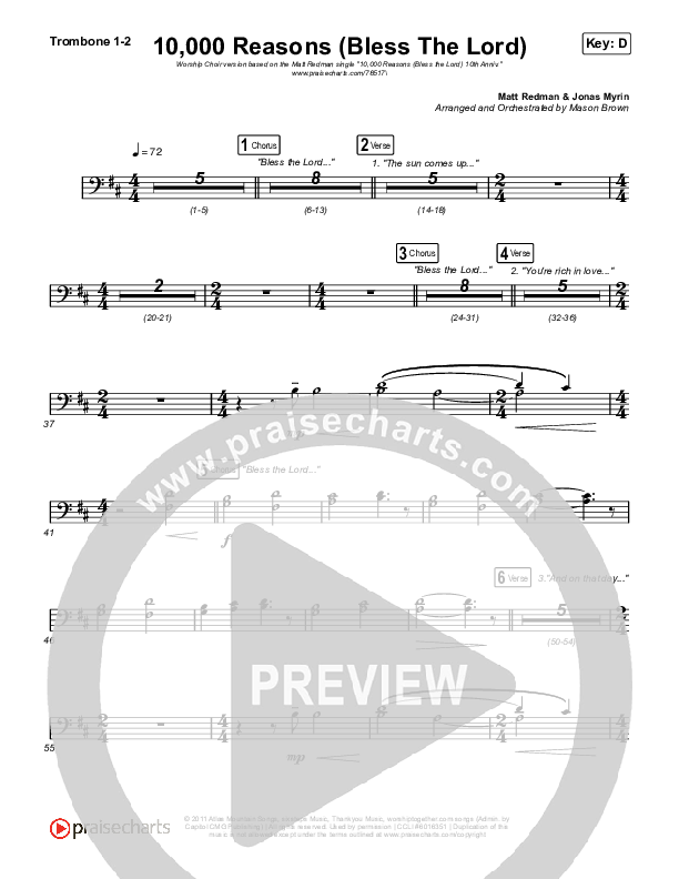 10,000 Reasons (Bless The Lord) (Worship Choir SAB) Trombone 1/2 (Matt Redman / Crowder / Tauren Wells / Naomi Raine / Worship Together / Arr. Mason Brown)