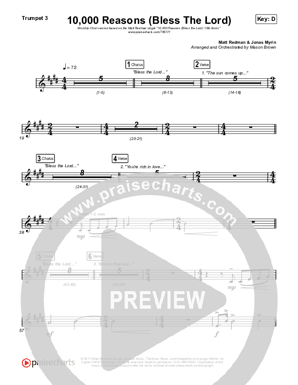 10,000 Reasons (Bless The Lord) (Worship Choir SAB) Trumpet 3 (Matt Redman / Crowder / Tauren Wells / Naomi Raine / Worship Together / Arr. Mason Brown)